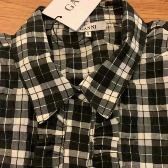 GANNI NWT Seersucker Checkered Tuxedo Ruffle Front Top Blouse 36 4 Black White - Picture 9 of 9